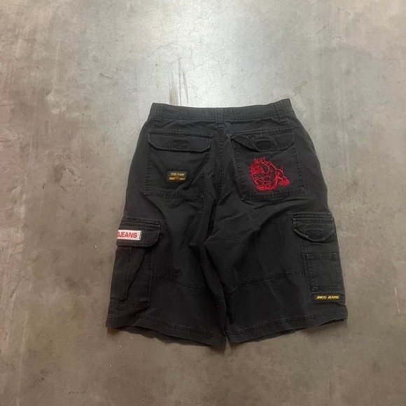 Vintage Y2K baggy JNCO jeans black embroidered cargo carpenter skater shorts - Picture 1 of 8